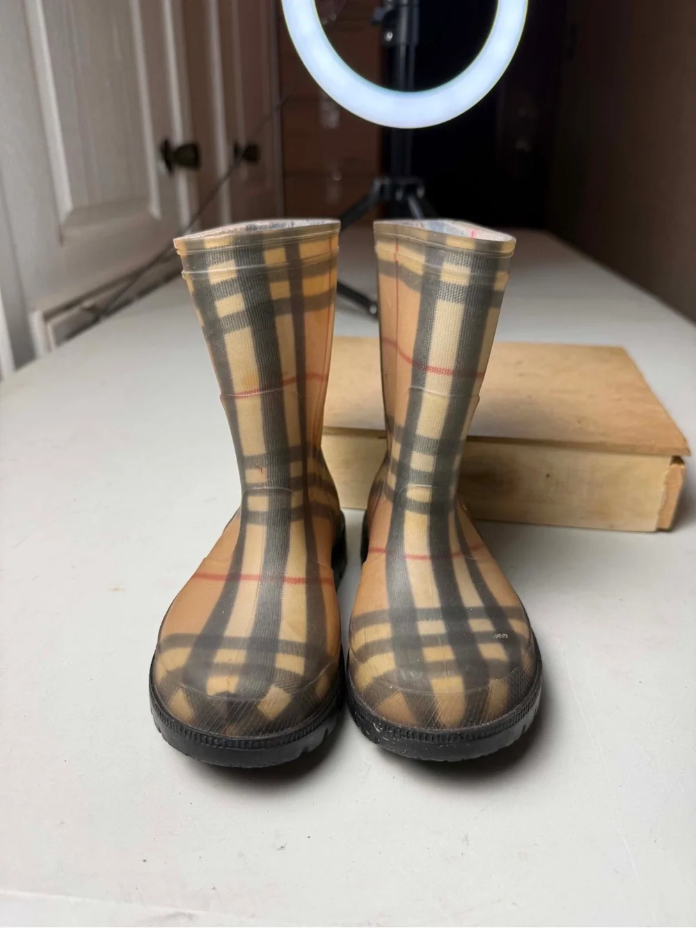 Burberry Kids Waterproof Rain Boots Tan, beige, and red plaid pattern #rainboots